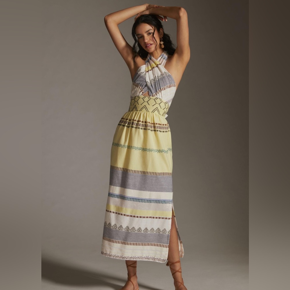 Anthropologie Yellow, Gray & Cream Striped Maxi Dress - Picture 2 of 4
